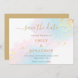 Pastel Watercolor Blue Pink Gold Wedding Save The Date