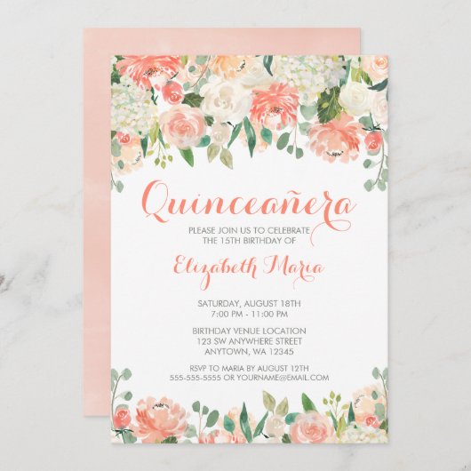 Pastel Watercolor Blume Quinceañera Einladung (Vorne/Hinten)