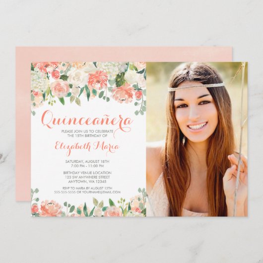 Pastel Watercolor Blume Quinceañera Foto Einladung (Vorne/Hinten)