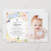 Pastel Watercolor Blumenrahmen Foto Taufe Einladung (Vorderseite)