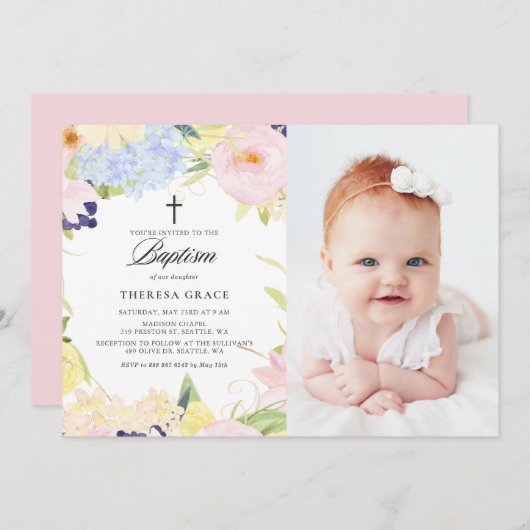 Pastel Watercolor Blumenrahmen Foto Taufe Einladung (Vorne/Hinten)