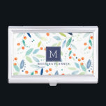 Pastel Watercolor Botanisches Muster Visitenkarten Dose<br><div class="desc">Elegante farbenfrohe Aquarelltöne in Pastelltönen botanisches nahtloses Muster mit weißem Hintergrund,  anpassbar monogramm und marineblau Akzent. Maßgeschneiderte Hochzeitsplanervorlage.</div>