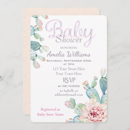 Pastel Watercolor Cactus Pink Babydusche Einladung (Vorne/Hinten)
