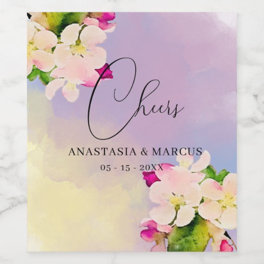 Pastel Watercolor Cherry Blüten Romantische Hochze Weinetikett (Einzelnes Label)