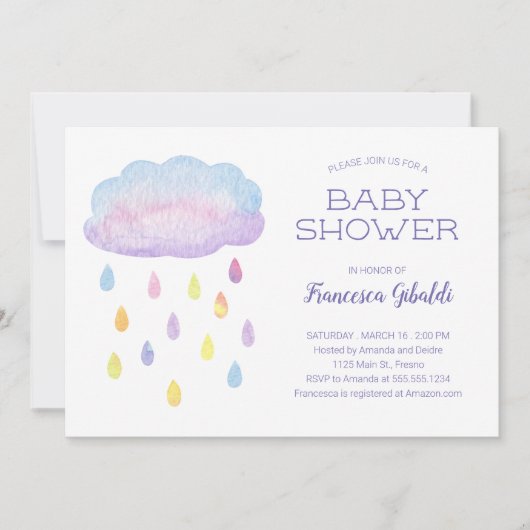 Pastel Watercolor Cloud Raindrops Baby Dusche Einladung (Vorderseite)