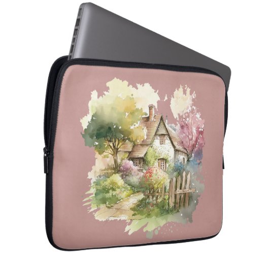 Pastel Watercolor Englische Hütte Laptopschutzhülle (Vorne Rechts)