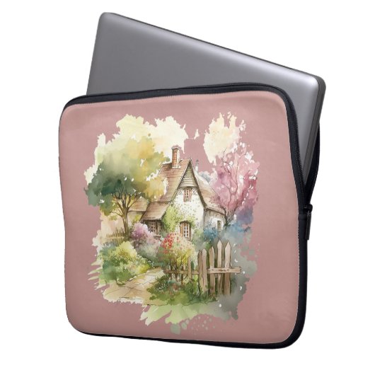Pastel Watercolor Englische Hütte Laptopschutzhülle (Vorderseite Links)