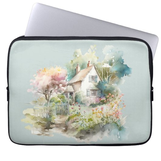 Pastel Watercolor Englische Hütte Laptopschutzhülle (Vorderseite)