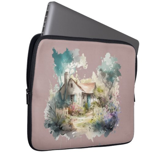 Pastel Watercolor Englische Hütte Laptopschutzhülle (Vorne Rechts)