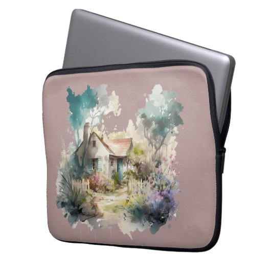 Pastel Watercolor Englische Hütte Laptopschutzhülle (Vorderseite Links)