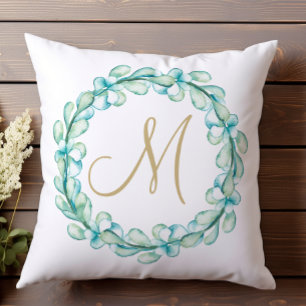 Pastel Watercolor Eucalyptus Wreath Monogram Kissen