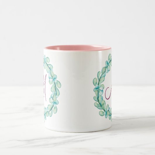 Pastel Watercolor Eucalyptus Wreath Monogram Zweifarbige Tasse (Mittel)