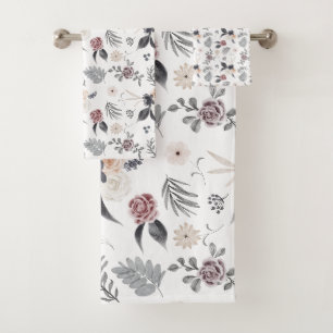 Pastel Watercolor Farbige Rose Grau Blätter Badhandtuch Set