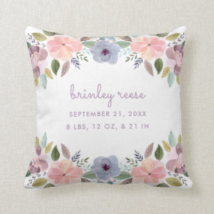 Pastel Watercolor Floral Birth Information Baby Kissen