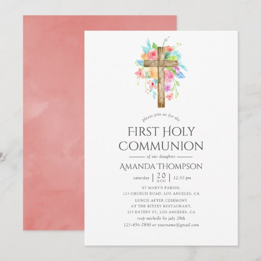 Pastel Watercolor Floral First Heilige Kommune Einladung (Vorne/Hinten)