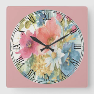 Pastel Watercolor Flowers Fine Art Quadratische Wanduhr