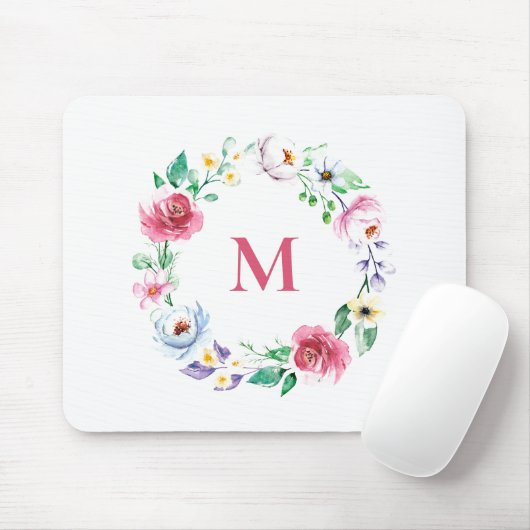 Pastel Watercolor Frühlingsblumen Wreath Monogramm Mousepad (Mit Mouse)
