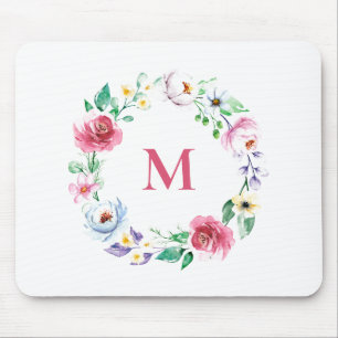 Pastel Watercolor Frühlingsblumen Wreath Monogramm Mousepad