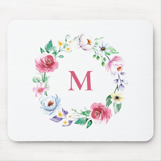Pastel Watercolor Frühlingsblumen Wreath Monogramm Mousepad (Vorne)