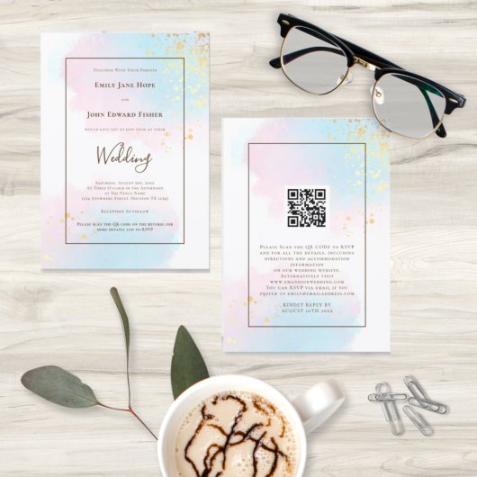 Pastel Watercolor Gold Splashes QR Code Hochzeit Einladung