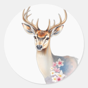 Pastel Watercolor Hirsch mit Flora Runder Aufkleber