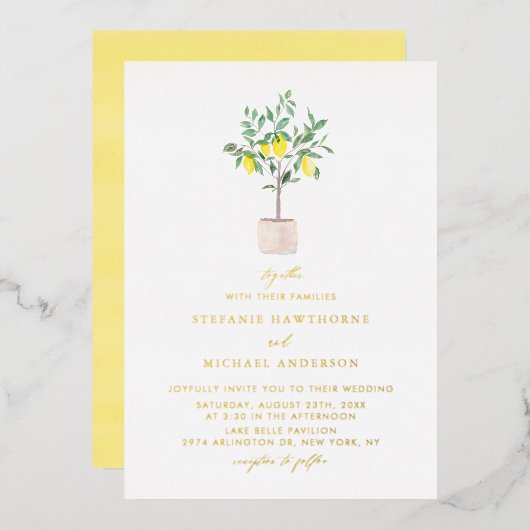 Pastel Watercolor Lemon Tree Summer Wedding Folieneinladung (Vorderseite/Rückseite)