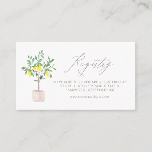 Pastel Watercolor Lemon Tree Wedding Registry Begleitkarte (Vorderseite)
