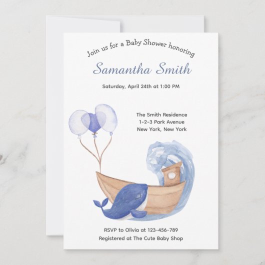 Pastel Watercolor Ocean Whale Babydusche Einladung (Vorderseite)