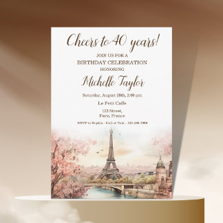 Pastel Watercolor Paris Eiffelturm 40. Geburtstag Einladung
