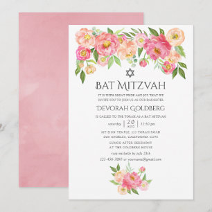 Pastel Watercolor Peonies Bat Mitzvah Einladung