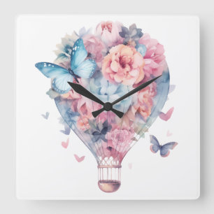 PASTEL WATERCOLOR PINK BLUE HOT AIR BALLOON QUADRATISCHE WANDUHR