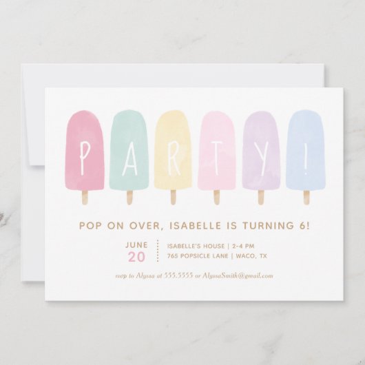 Pastel Watercolor Popsicle Girl Birthday Party Einladung (Vorderseite)