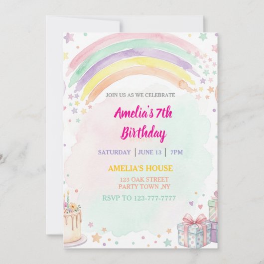 Pastel Watercolor Rainbow Birthday Einladung (Vorderseite)