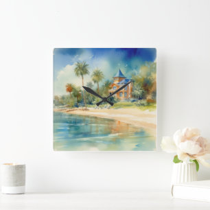PASTEL WATERCOLOR SEESIDE HAUS AM STRAND QUADRATISCHE WANDUHR
