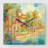 PASTEL WATERCOLOR SEESIDE HAUS AM STRAND QUADRATISCHE WANDUHR (Vorderseite)