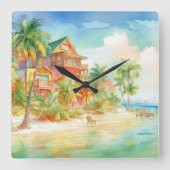 PASTEL WATERCOLOR SEESIDE HAUS AM STRAND QUADRATISCHE WANDUHR (Vorderseite)