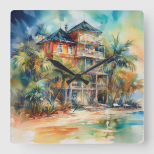 PASTEL WATERCOLOR SEESIDE HAUS AM STRAND QUADRATISCHE WANDUHR
