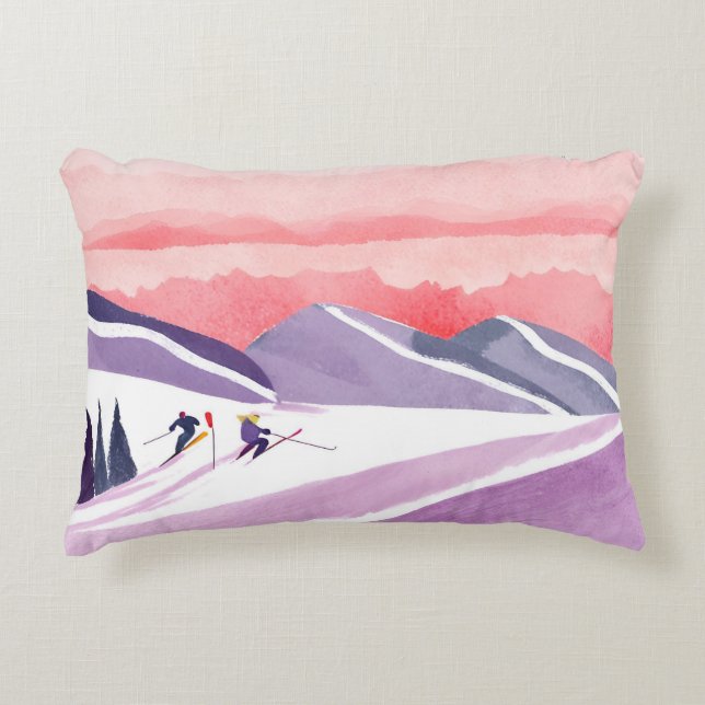 Pastel Watercolor Ski Mountain Sunset Dekokissen (Vorderseite)