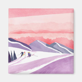 Pastel Watercolor Ski Mountain Sunset Magnet