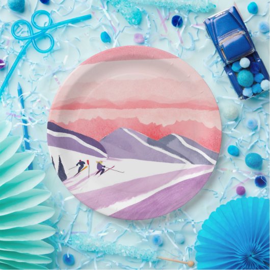 Pastel Watercolor Ski Mountain Sunset Pappteller (Party)