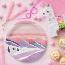 Pastel Watercolor Ski Mountain Sunset Pappteller