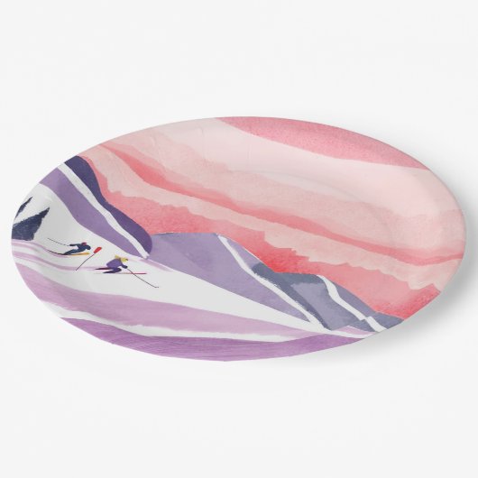 Pastel Watercolor Ski Mountain Sunset Pappteller (Schrägansicht)