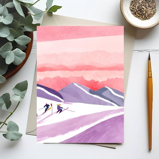 Pastel Watercolor Ski Mountain Sunset Postkarte