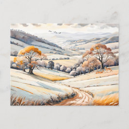 Pastel Watercolor Sonnige Winterlandschaft Postkarte