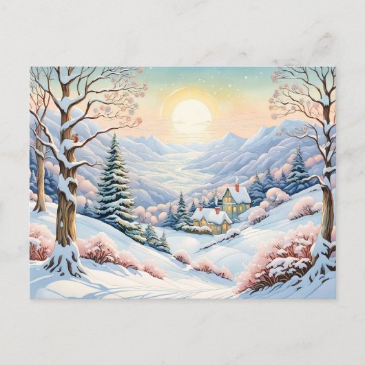 Pastel Watercolor Sonnige Winterlandschaft Postkarte (Vorderseite)
