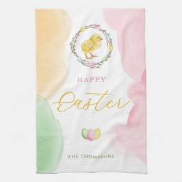 Pastel Watercolor Splashes And Chick Happy Easter Geschirrtuch