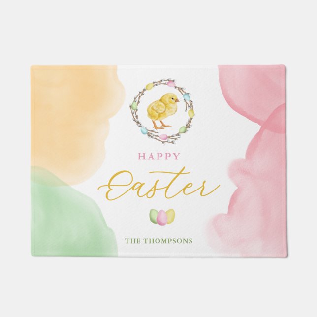 Pastel Watercolor Splashes With Chick Happy Easter Fußmatte (Vorderseite)