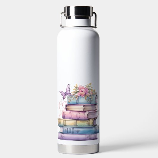 PASTEL WATERCOLOR STACK OF BÜCHER with BUTTERFLY Trinkflasche (Rückseite)