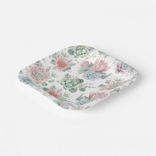 Pastel Watercolor Succulent and Cactus Pattern Pappteller (Gewinkelt)