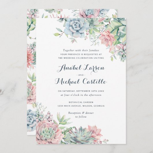 Pastel Watercolor Succulents Wedding Einladung (Vorne/Hinten)